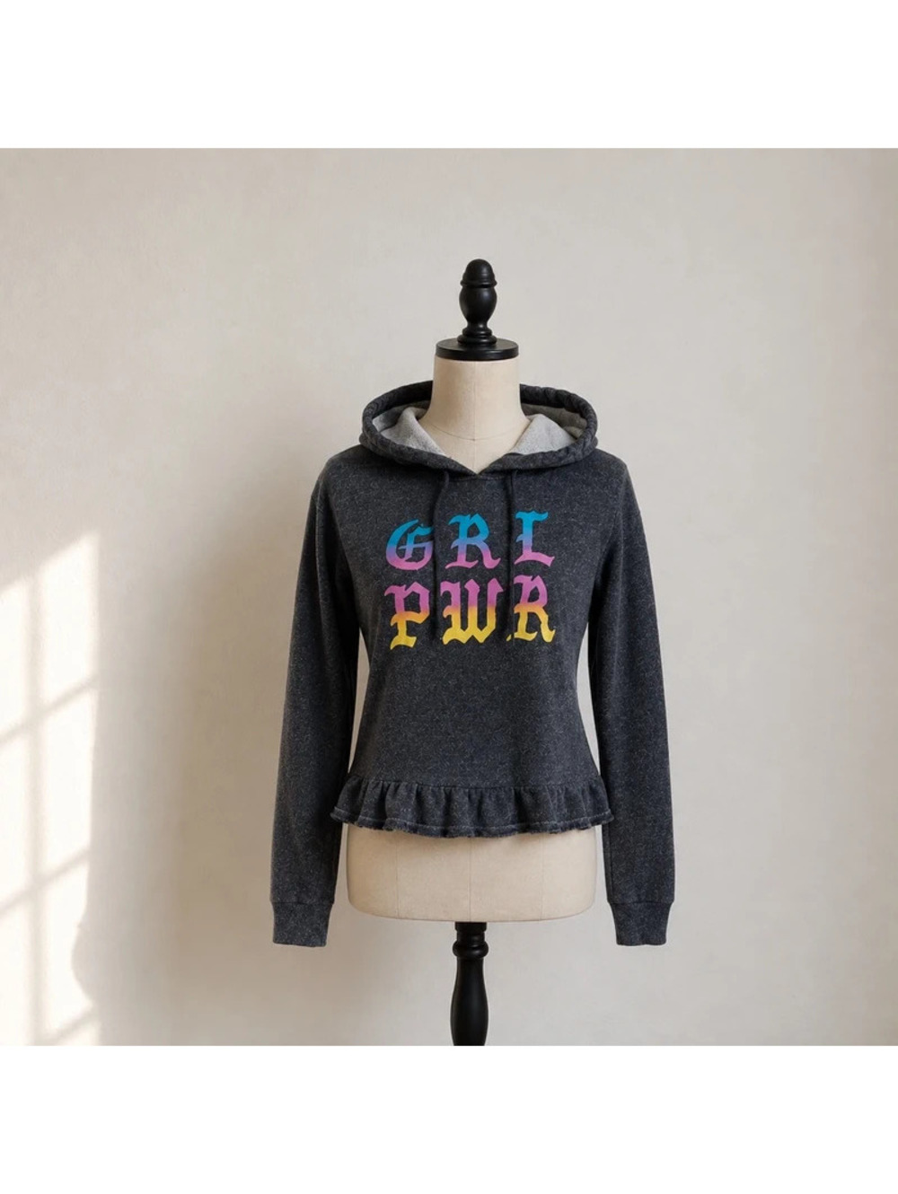 Hot Topic GRL PWR rainbow cropped ruffle Hoodie Gray Size S 100% Cotton